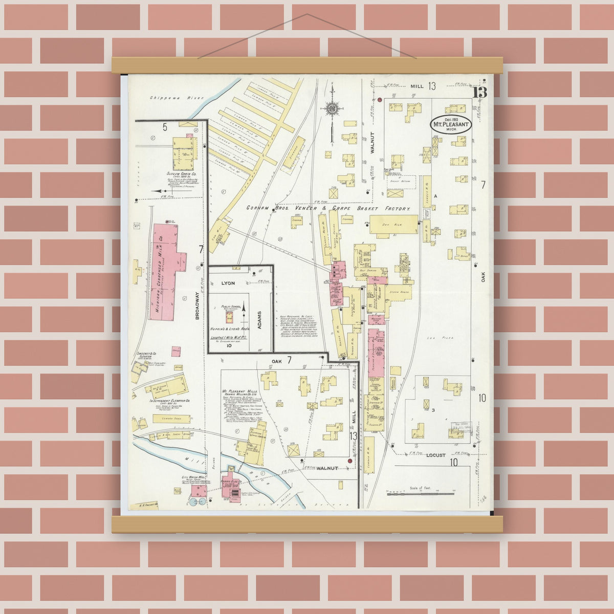 Old map wall art mockup — magnetic wood frame on brick wall — Sanborn Fire Insurance Map from Mount Pleasant, Isabella County, Michigan (1910), Sheet #0013