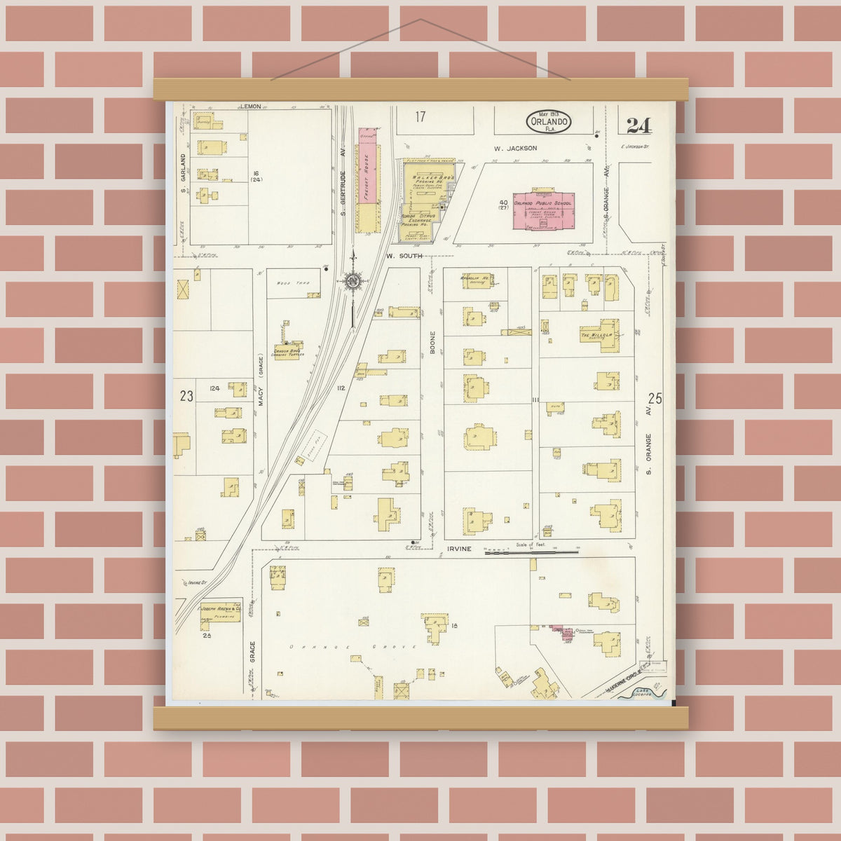Old map wall art mockup — magnetic wood frame on brick wall — Sanborn Fire Insurance Map from Orlando, Orange County, Florida (1913), Sheet #0024