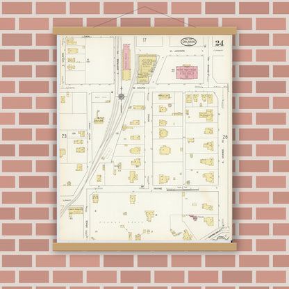 Old map wall art mockup — magnetic wood frame on brick wall — Sanborn Fire Insurance Map from Orlando, Orange County, Florida (1913), Sheet #0024