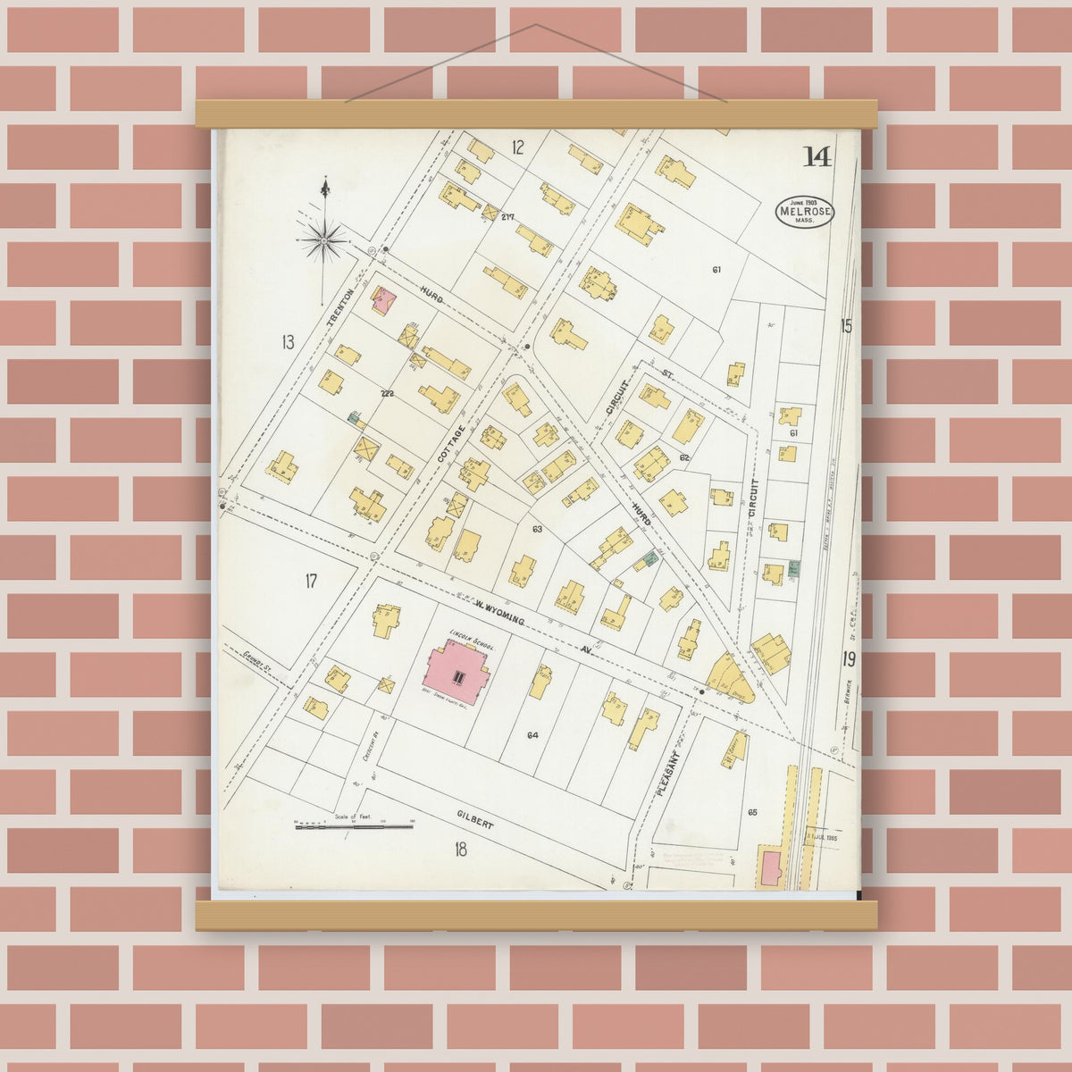 Old map wall art mockup — magnetic wood frame on brick wall — Sanborn Fire Insurance Map from Melrose, Middlesex County, Massachusetts (1903), Sheet #0014