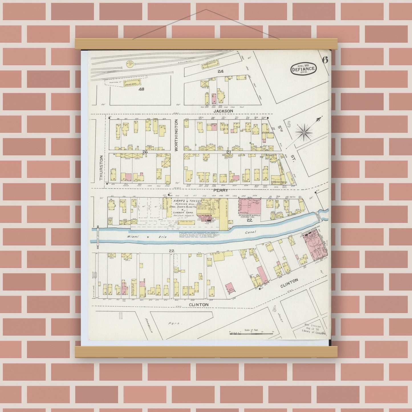 Old map wall art mockup — magnetic wood frame on brick wall — Sanborn Fire Insurance Map from Defiance, Defiance County, Ohio (1893), Sheet #0006