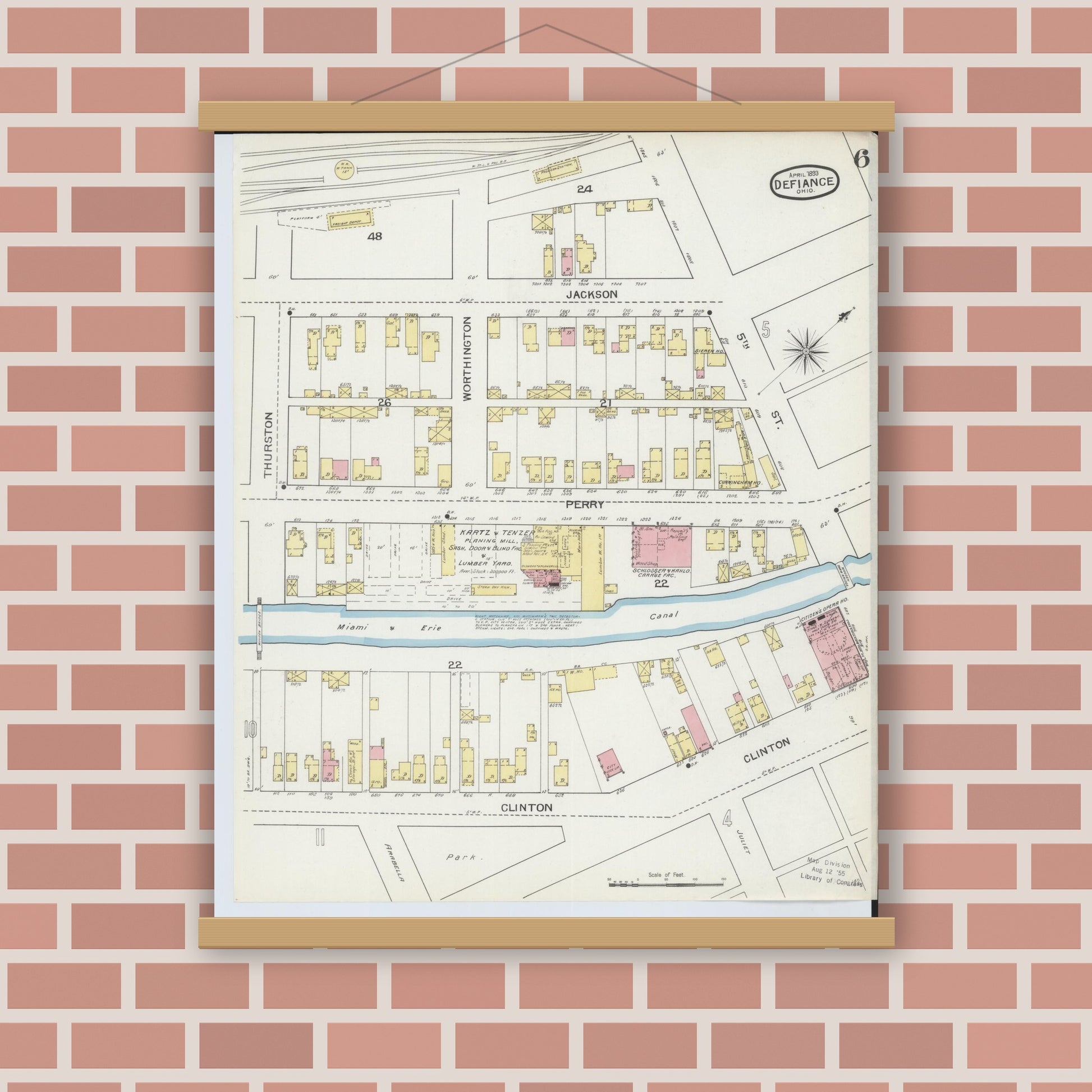 Old map wall art mockup — magnetic wood frame on brick wall — Sanborn Fire Insurance Map from Defiance, Defiance County, Ohio (1893), Sheet #0006