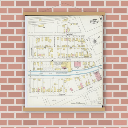 Old map wall art mockup — magnetic wood frame on brick wall — Sanborn Fire Insurance Map from Defiance, Defiance County, Ohio (1893), Sheet #0006