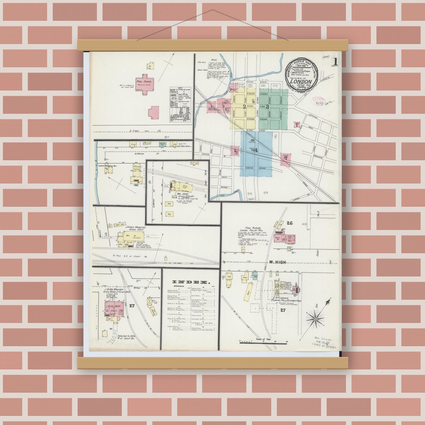 Old map wall art mockup — magnetic wood frame on brick wall — Sanborn Fire Insurance Map from London, Madison County, Ohio (1890) - Complete Map Set