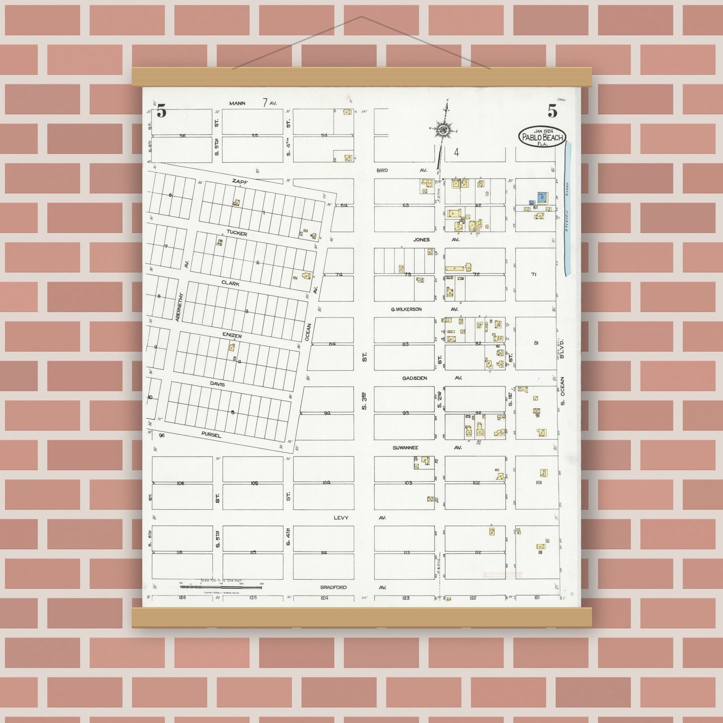 Old map wall art mockup — magnetic wood frame on brick wall — Sanborn Fire Insurance Map from Pablo Beach, Duval County, Florida (1924), Sheet #0005