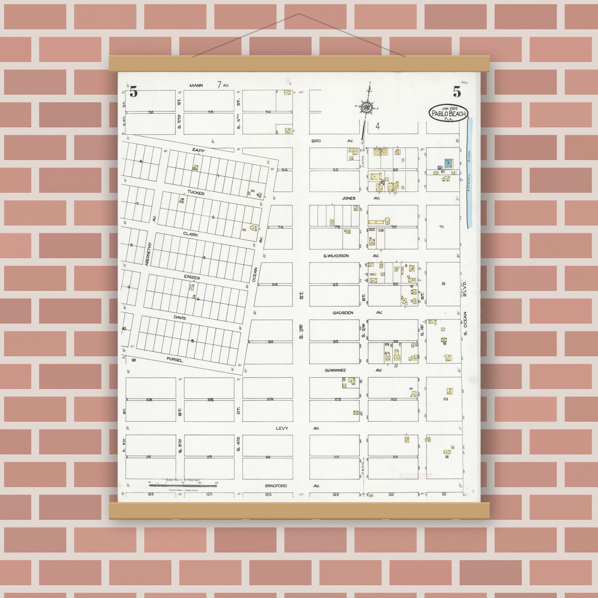 Old map wall art mockup — magnetic wood frame on brick wall — Sanborn Fire Insurance Map from Pablo Beach, Duval County, Florida (1924), Sheet #0005