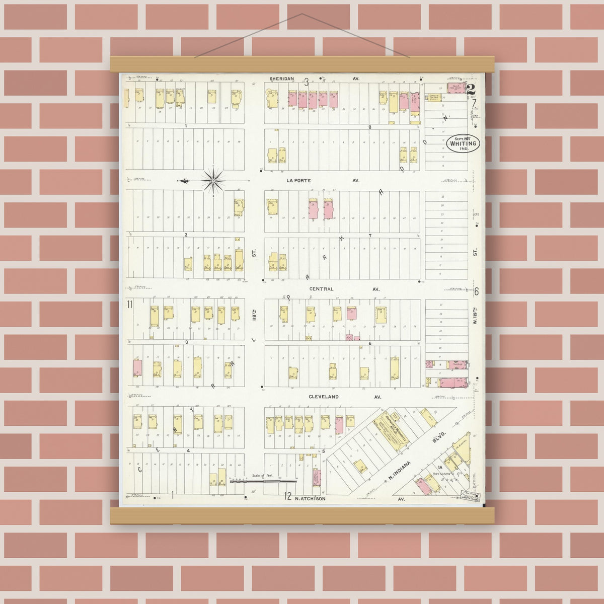 Old map wall art mockup — magnetic wood frame on brick wall — Sanborn Fire Insurance Map from Whiting, Lake County, Indiana (1907), Sheet #0002