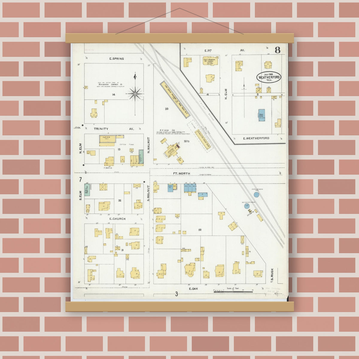 Old map wall art mockup — magnetic wood frame on brick wall — Sanborn Fire Insurance Map from Weatherford, Parker County, Texas (1905), Sheet #0008