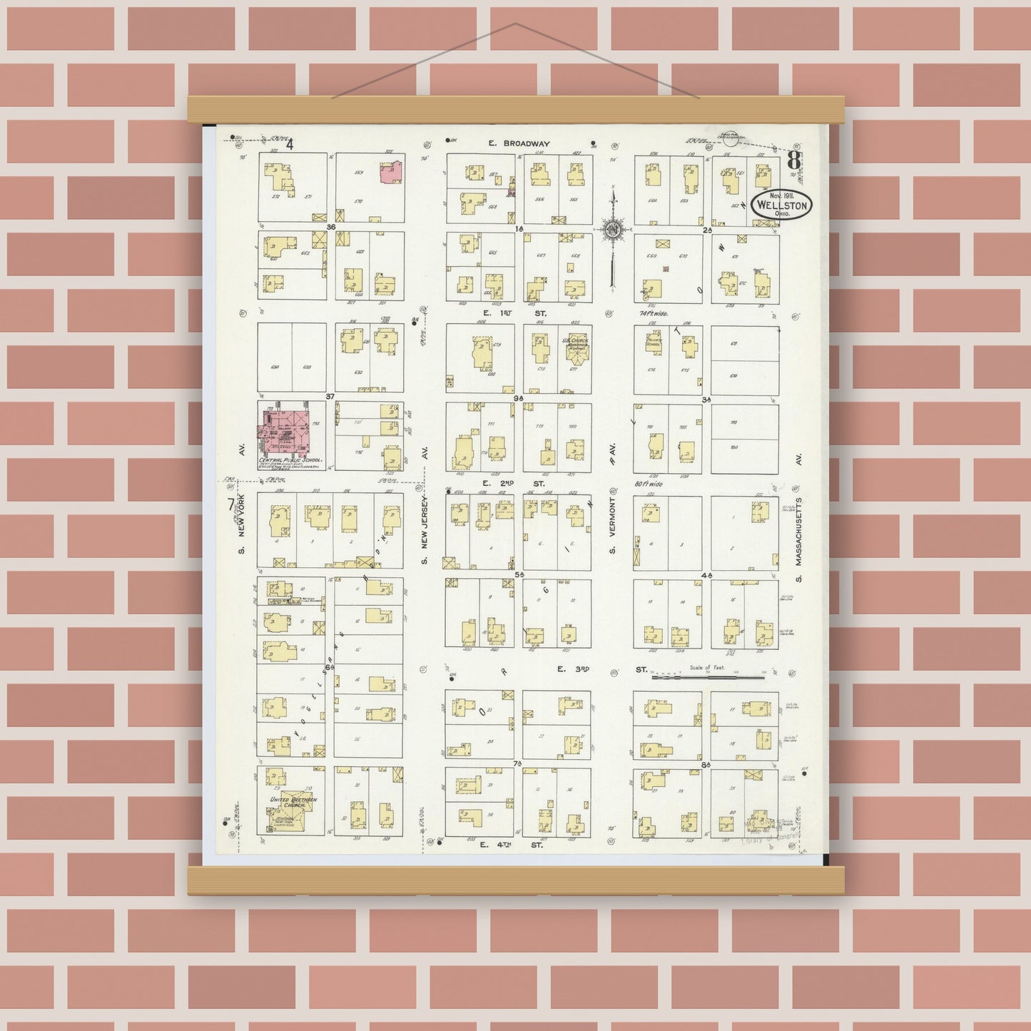 Old map wall art mockup — magnetic wood frame on brick wall — Sanborn Fire Insurance Map from Wellston, Jackson County, Ohio (1911), Sheet #0008