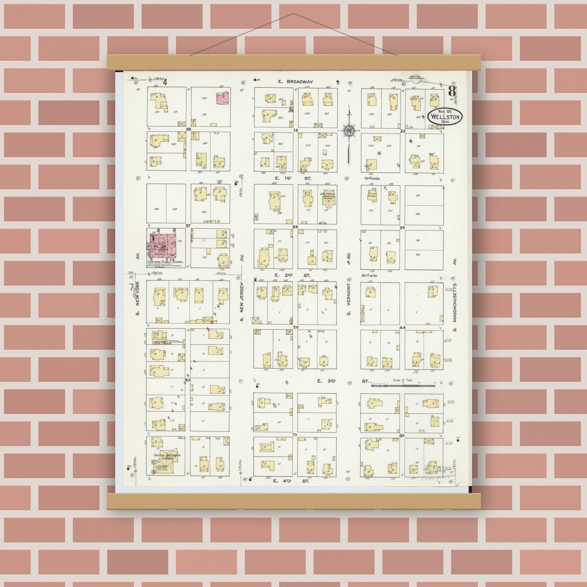 Old map wall art mockup — magnetic wood frame on brick wall — Sanborn Fire Insurance Map from Wellston, Jackson County, Ohio (1911), Sheet #0008