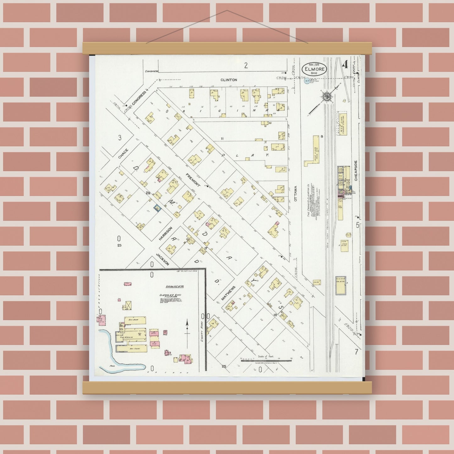 Old map wall art mockup — magnetic wood frame on brick wall — Sanborn Fire Insurance Map from Elmore, Ottawa County, Ohio (1920), Sheet #0004