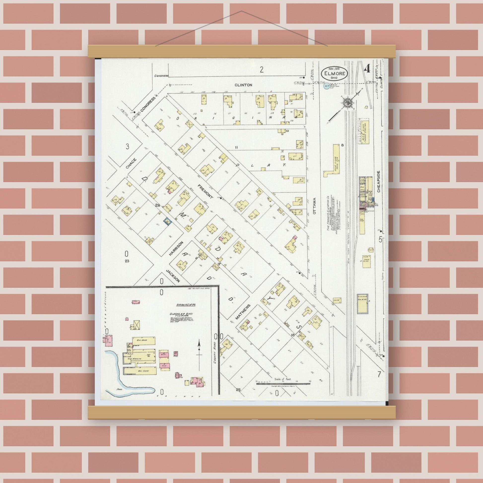 Old map wall art mockup — magnetic wood frame on brick wall — Sanborn Fire Insurance Map from Elmore, Ottawa County, Ohio (1920), Sheet #0004