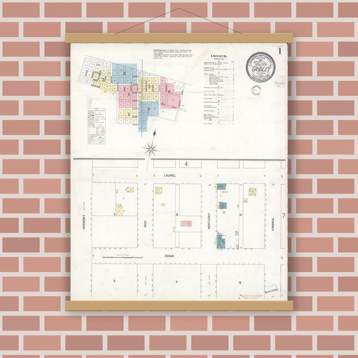 Old map wall art mockup — magnetic wood frame on brick wall — Sanborn Fire Insurance Map from Gridley, Butte County, California (1902), Sheet #0001