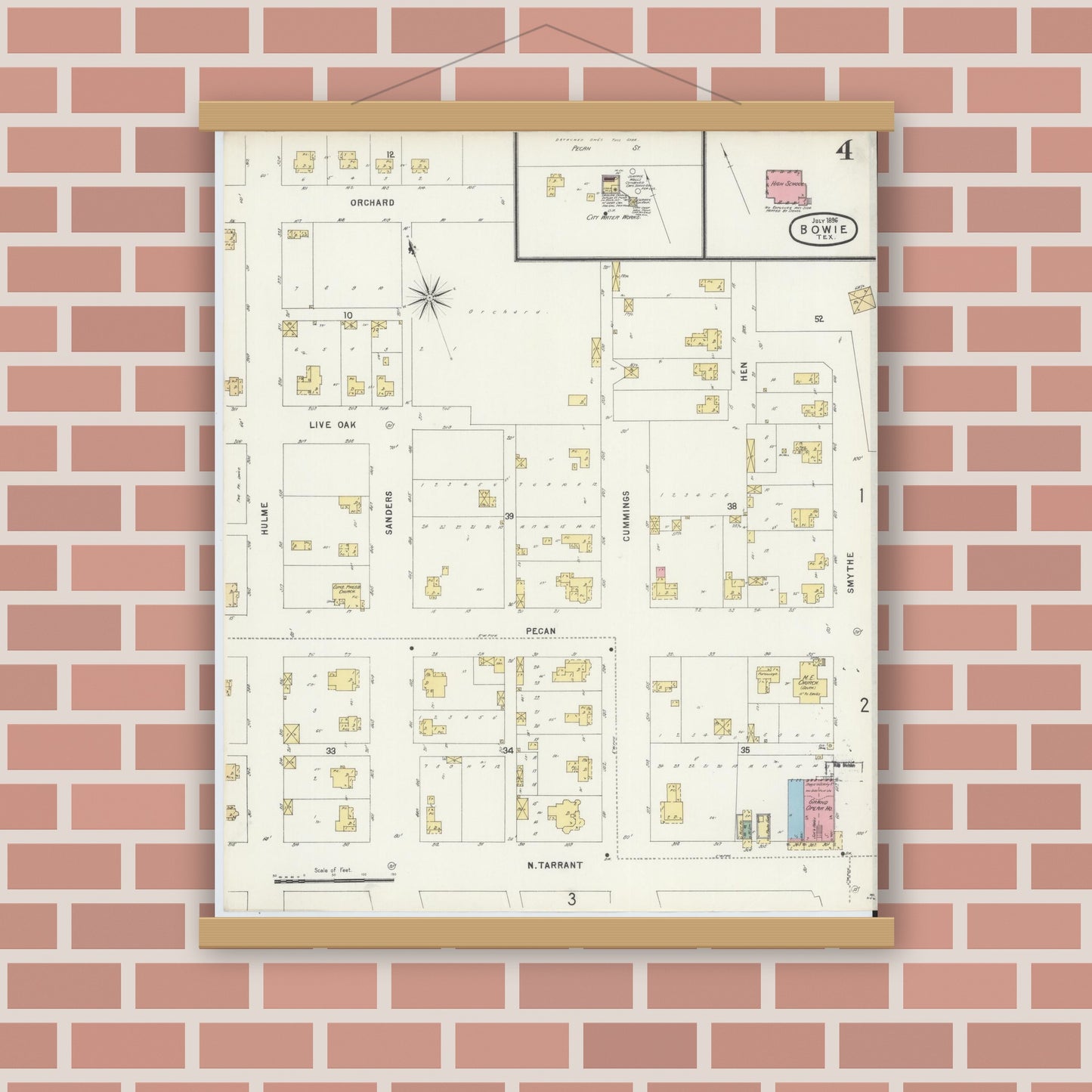 Old map wall art mockup — magnetic wood frame on brick wall — Sanborn Fire Insurance Map from Bowie, Montague County, Texas (1896), Sheet #0004