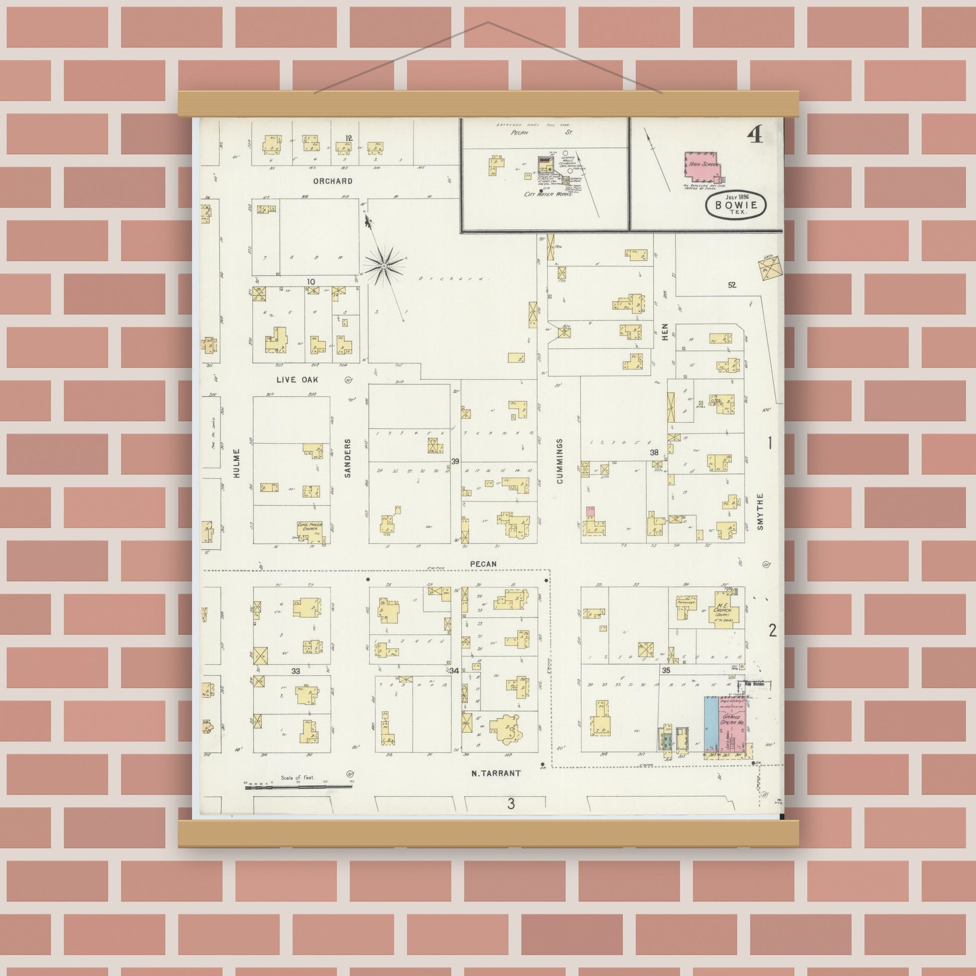 Old map wall art mockup — magnetic wood frame on brick wall — Sanborn Fire Insurance Map from Bowie, Montague County, Texas (1896), Sheet #0004