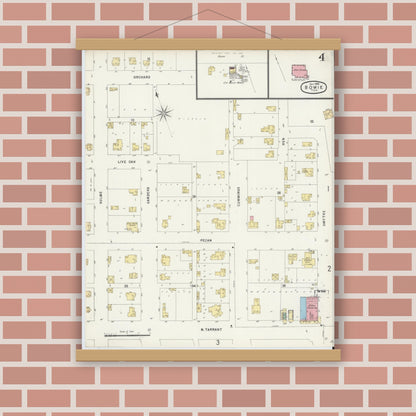 Old map wall art mockup — magnetic wood frame on brick wall — Sanborn Fire Insurance Map from Bowie, Montague County, Texas (1896), Sheet #0004
