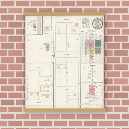 Old map wall art mockup — magnetic wood frame on brick wall — Sanborn Fire Insurance Map from Delano, Kern County, California (1912) - Complete Map Set