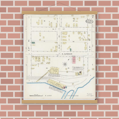 Old map wall art mockup — magnetic wood frame on brick wall — Sanborn Fire Insurance Map from Duluth, Saint Louis County, Minnesota (1885), Sheet #0007
