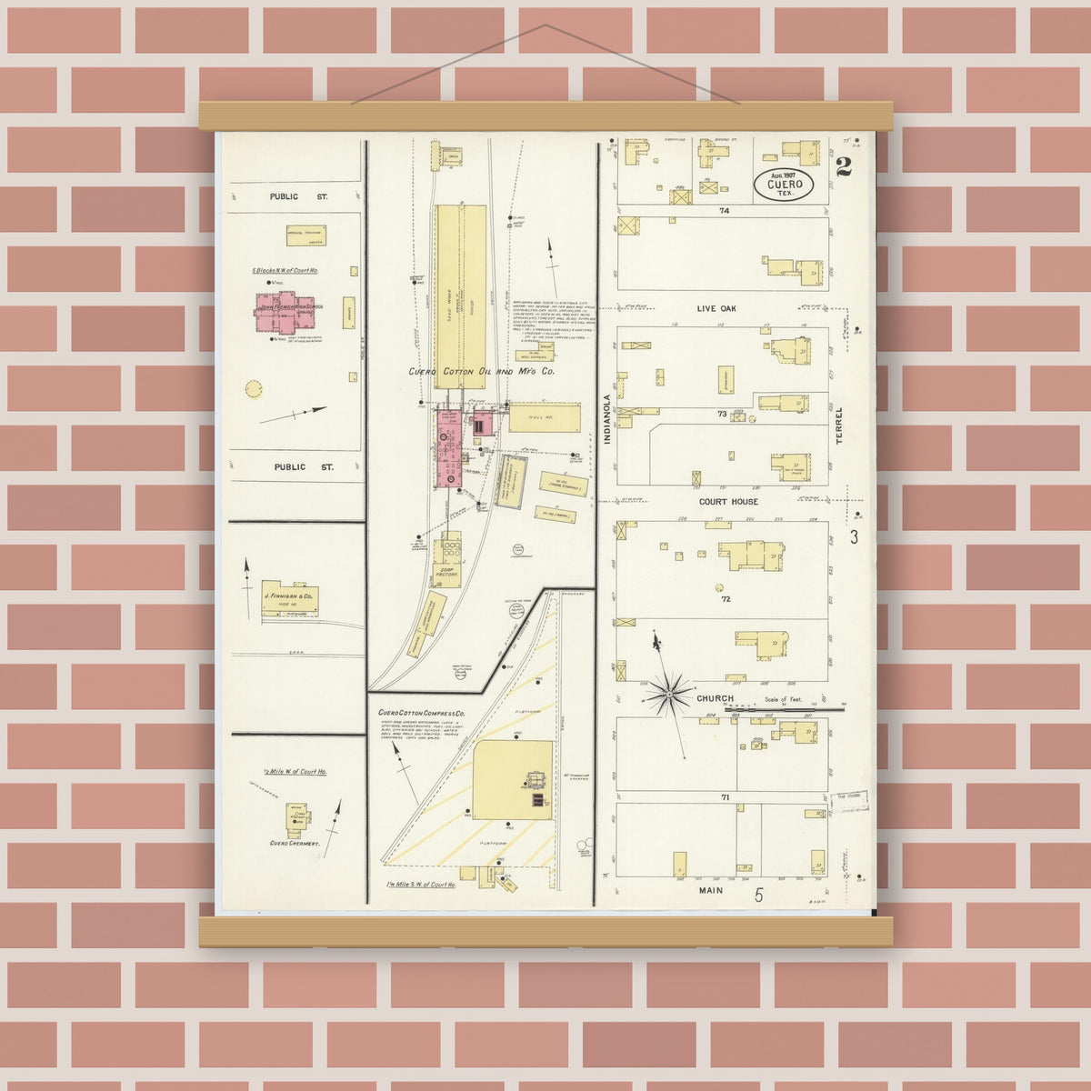 Old map wall art mockup — magnetic wood frame on brick wall — Sanborn Fire Insurance Map from Cuero, De Witt County, Texas (1907), Sheet #0002