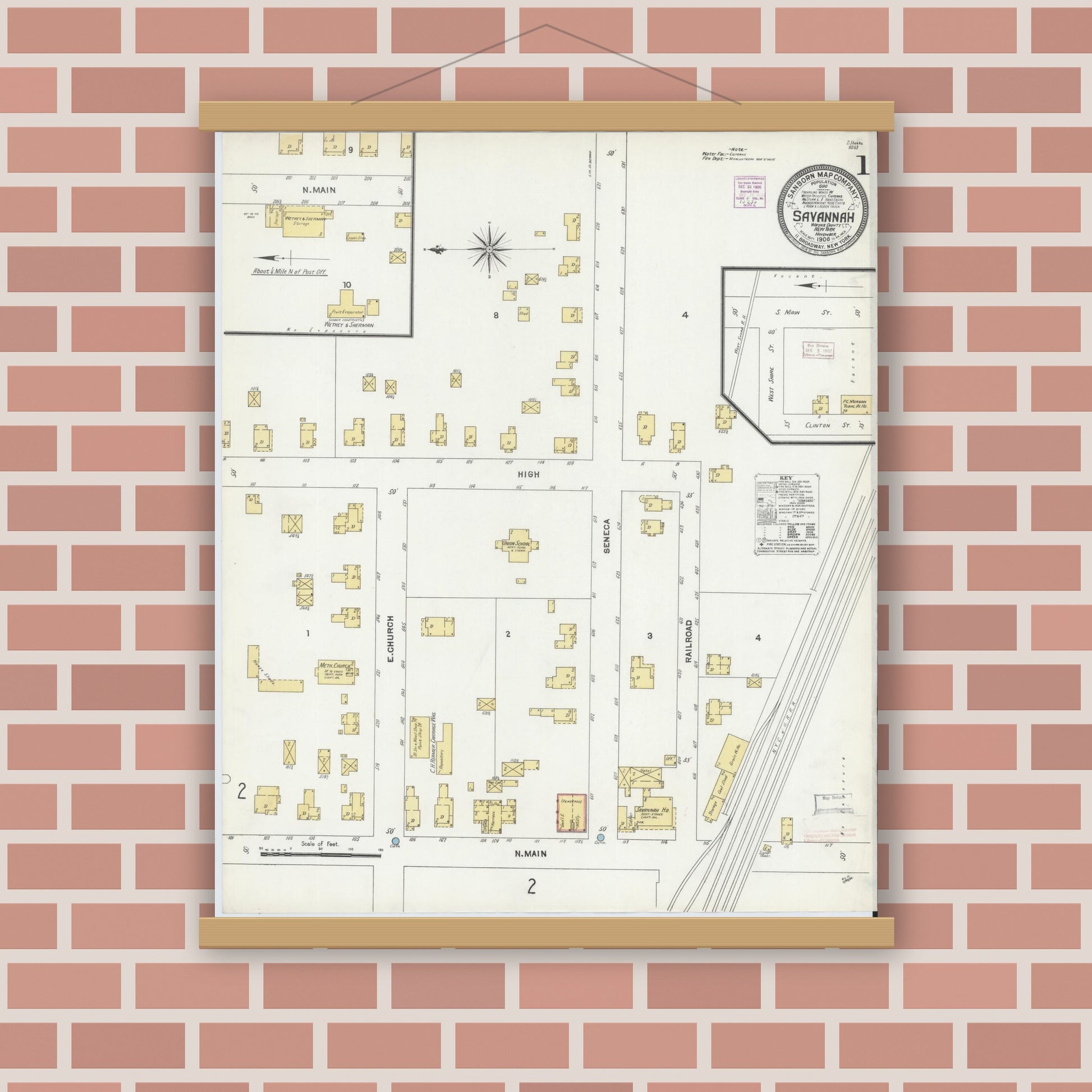 Old map wall art mockup — magnetic wood frame on brick wall — Sanborn Fire Insurance Map from Savannah, Wayne County, New York (1906) - Complete Map Set