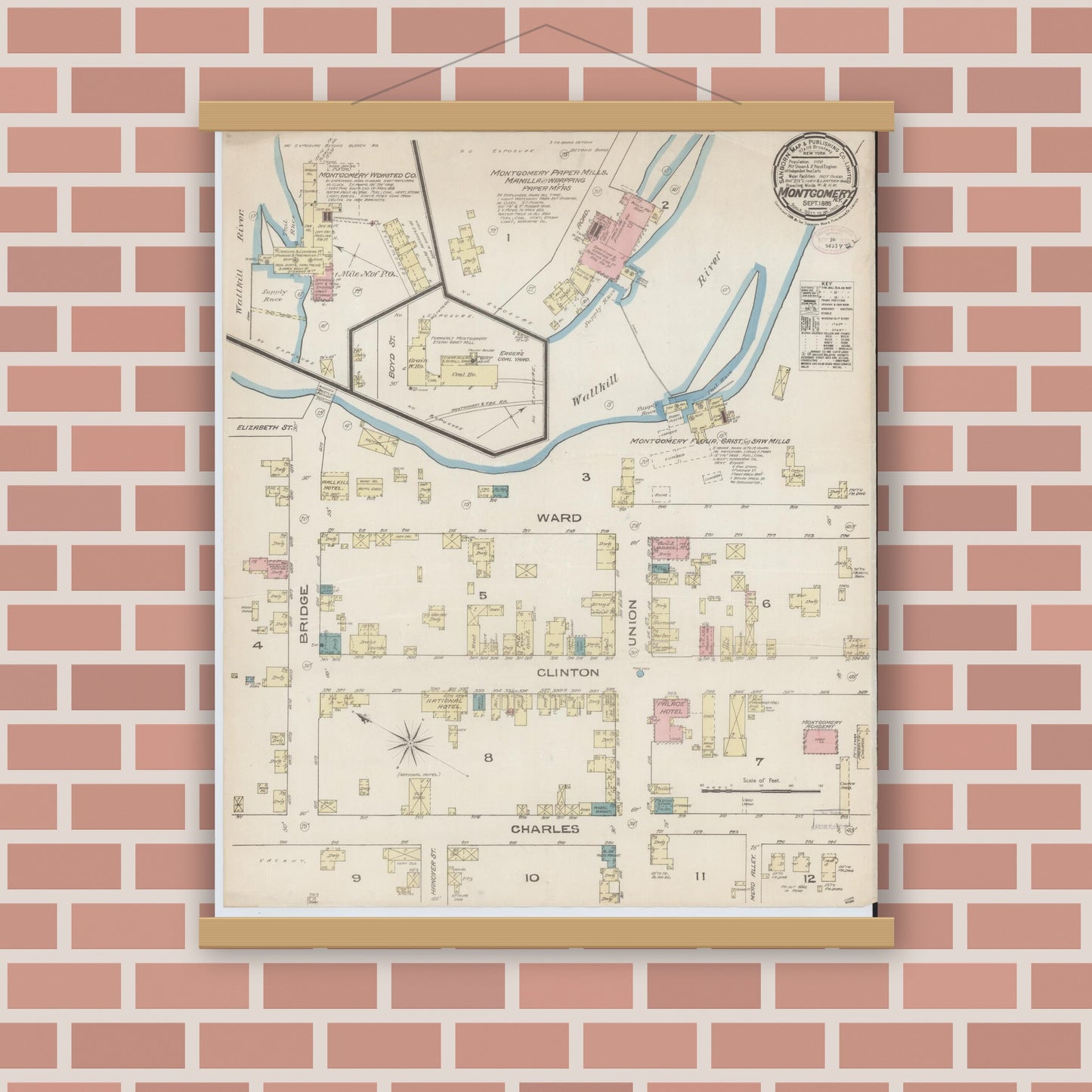 Old map wall art mockup — magnetic wood frame on brick wall — Sanborn Fire Insurance Map from Montgomery, Orange County, New York (1885), Sheet #0001