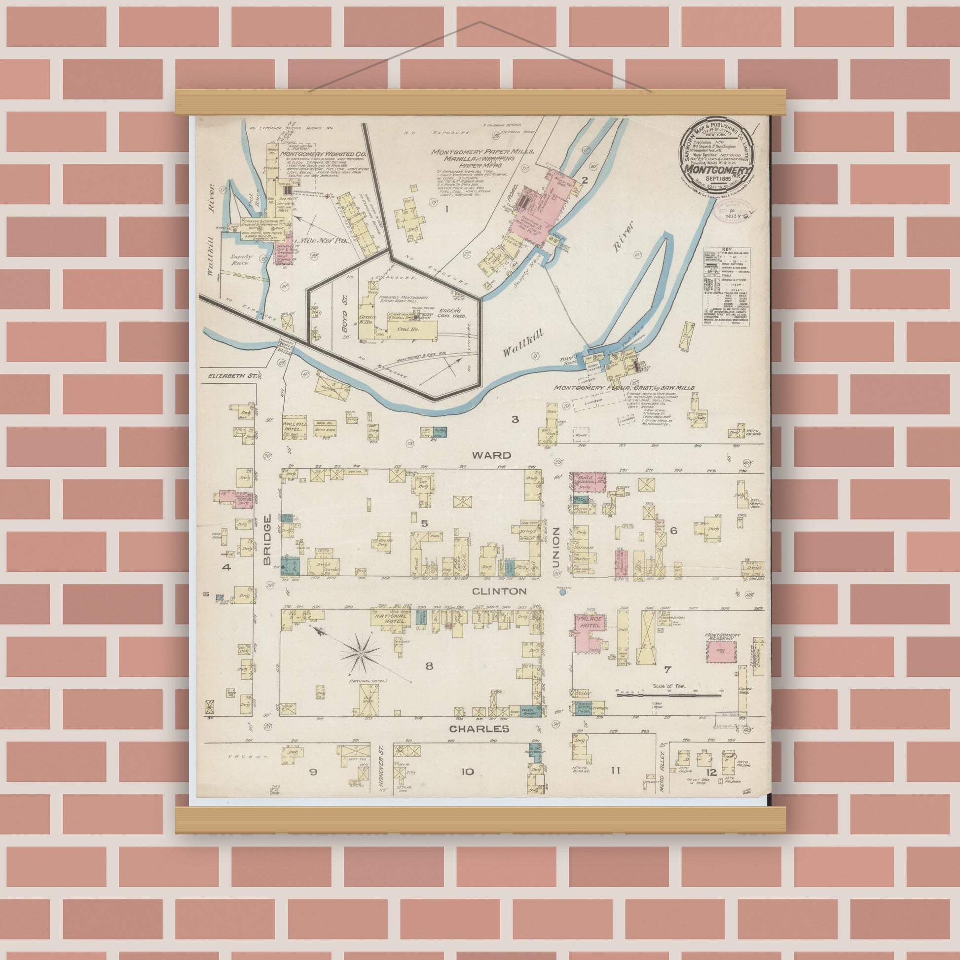 Old map wall art mockup — magnetic wood frame on brick wall — Sanborn Fire Insurance Map from Montgomery, Orange County, New York (1885), Sheet #0001