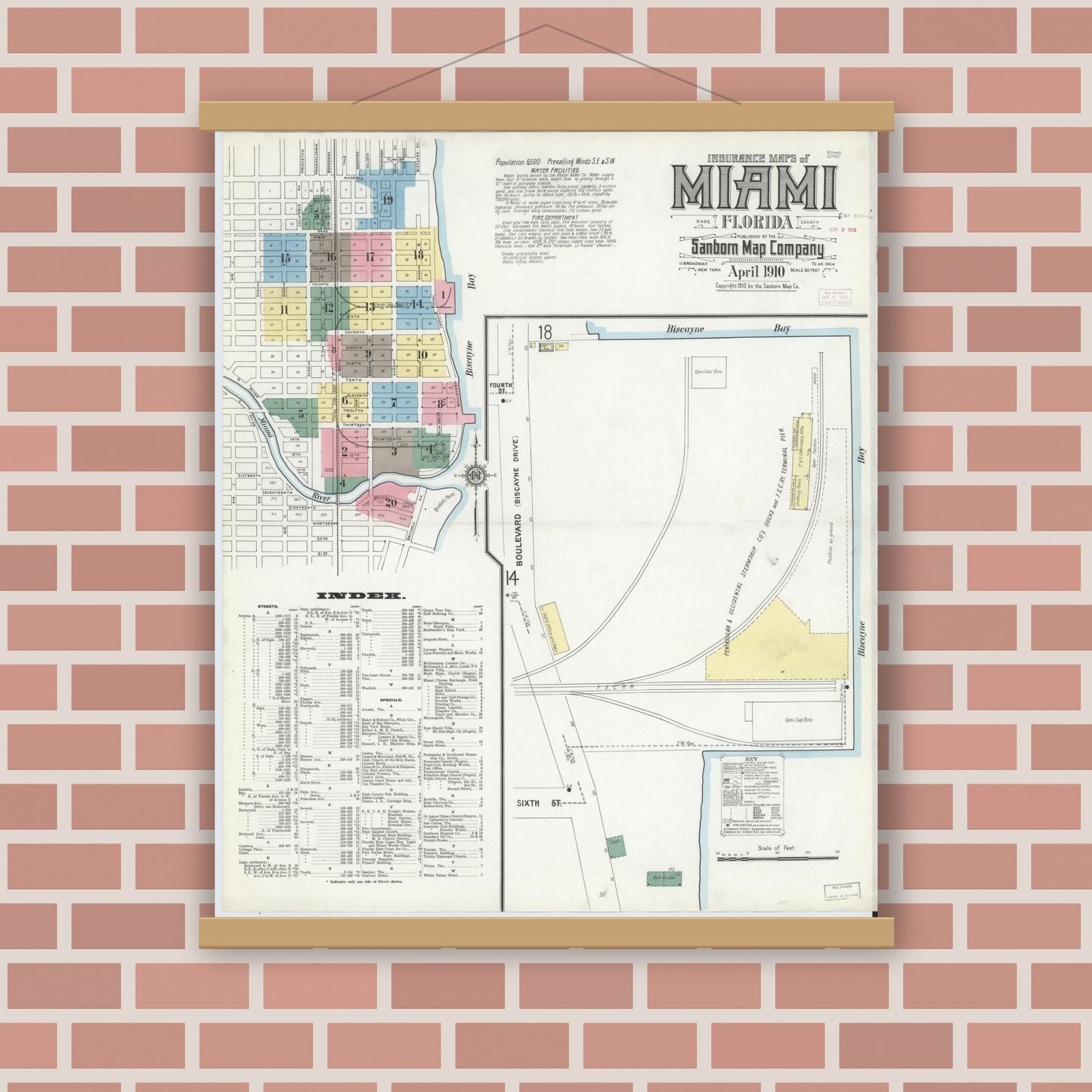 Old map wall art mockup — magnetic wood frame on brick wall — Sanborn Fire Insurance Map from Miami, Dade County, Florida (1910), Sheet #0001