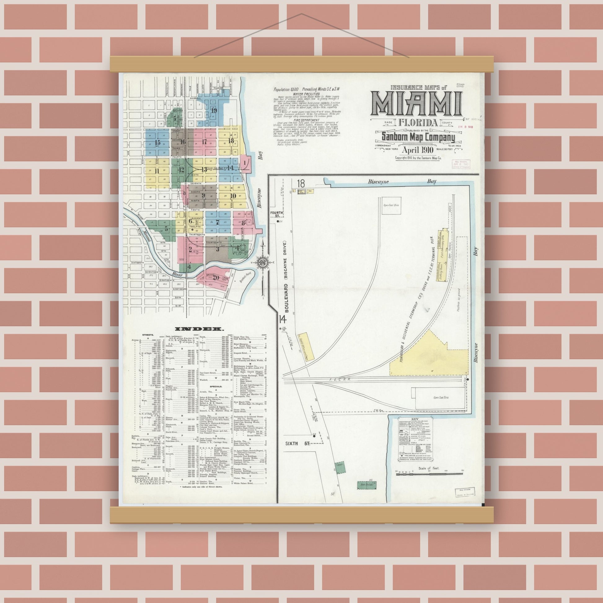 Old map wall art mockup — magnetic wood frame on brick wall — Sanborn Fire Insurance Map from Miami, Dade County, Florida (1910), Sheet #0001