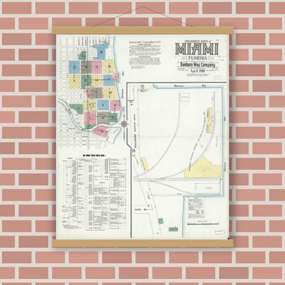 Old map wall art mockup — magnetic wood frame on brick wall — Sanborn Fire Insurance Map from Miami, Dade County, Florida (1910), Sheet #0001