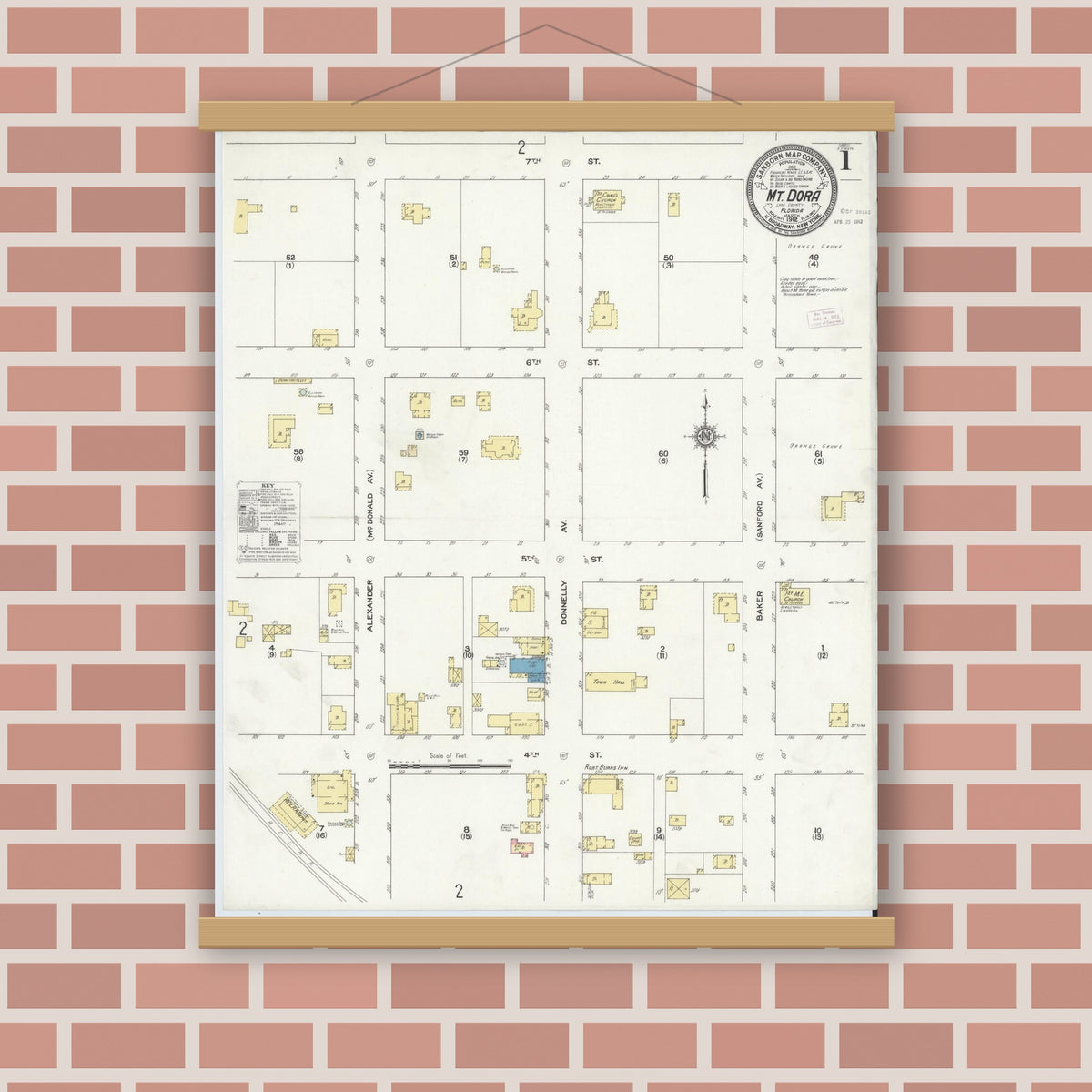 Old map wall art mockup — magnetic wood frame on brick wall — Sanborn Fire Insurance Map from Mount Dora, Lake County, Florida (1912) - Complete Map Set
