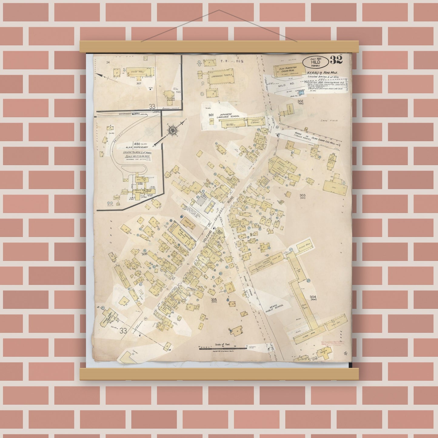 Old map wall art mockup — magnetic wood frame on brick wall — Sanborn Fire Insurance Map from Hilo, Hawaii County, Hawaii (1957), Sheet #0032