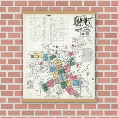 Old map wall art mockup — magnetic wood frame on brick wall — Sanborn Fire Insurance Map from Elkhart, Elkhart County, Indiana (1901) - Complete Map Set