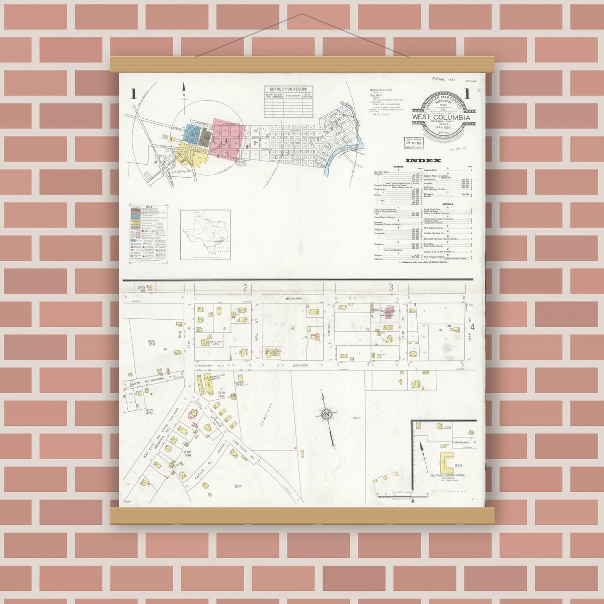 Old map wall art mockup — magnetic wood frame on brick wall — Sanborn Fire Insurance Map from West Columbia, Brazoria County, Texas (1936) - Complete Map Set