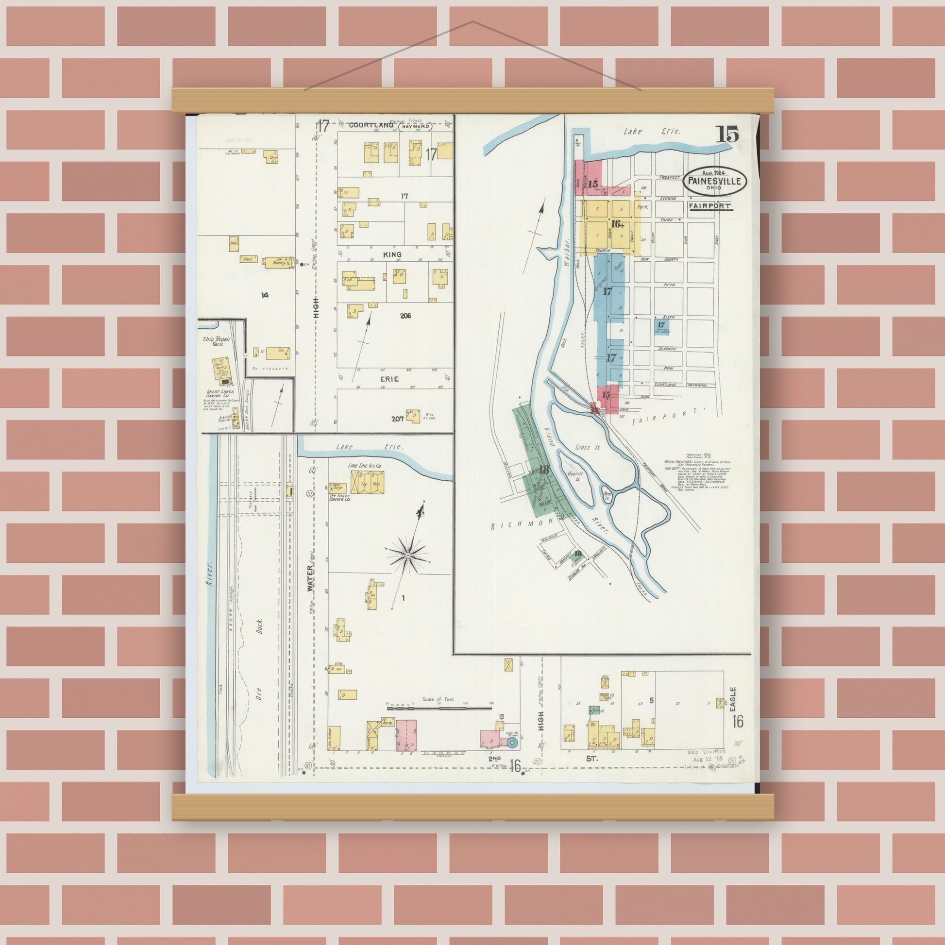 Old map wall art mockup — magnetic wood frame on brick wall — Sanborn Fire Insurance Map from Painesville, Lake County, Ohio (1904), Sheet #0015