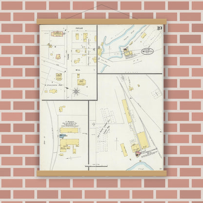 Old map wall art mockup — magnetic wood frame on brick wall — Sanborn Fire Insurance Map from Merrill, Lincoln County, Wisconsin (1898), Sheet #0019