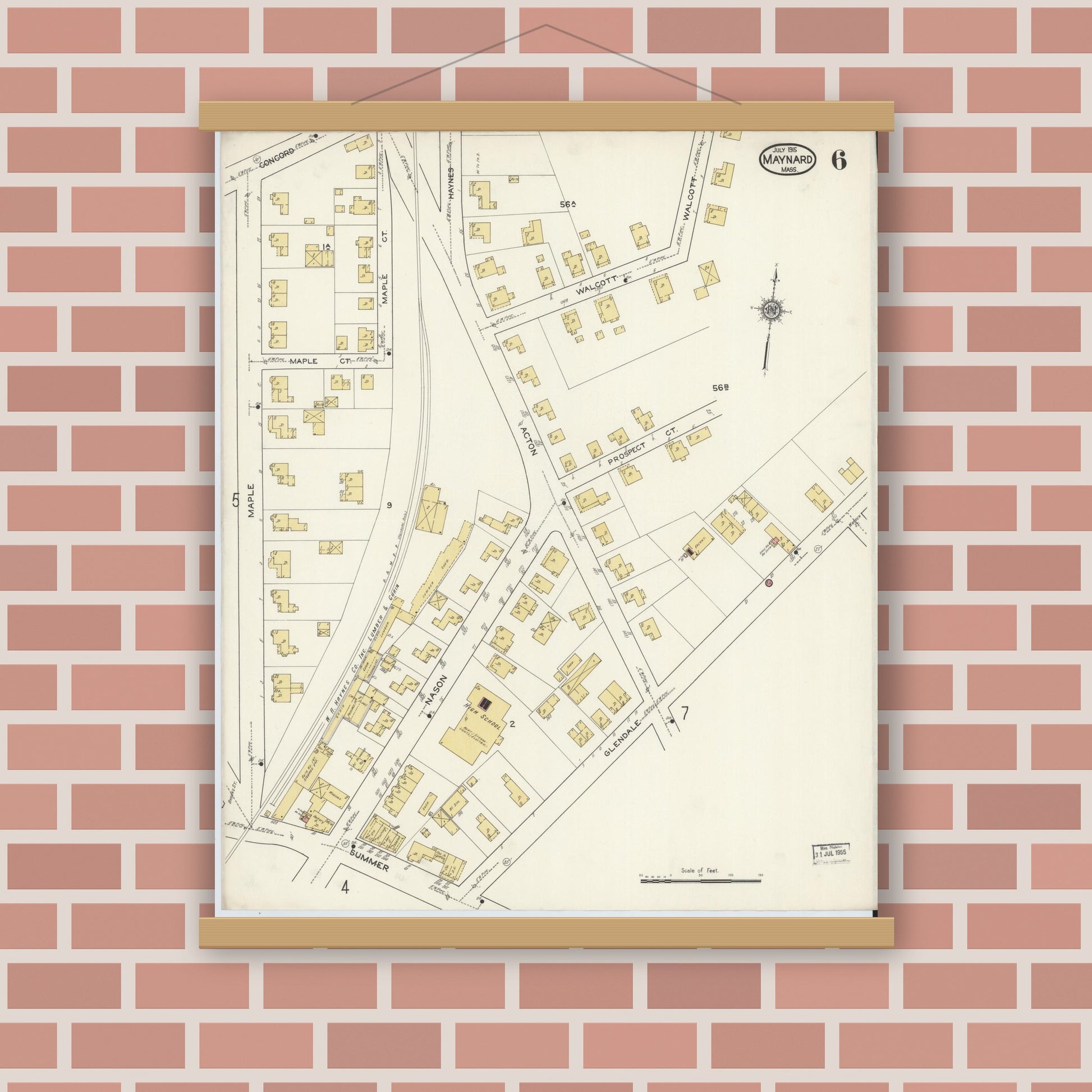 Old map wall art mockup — magnetic wood frame on brick wall — Sanborn Fire Insurance Map from Maynard, Middlesex County, Massachusetts (1915), Sheet #0006