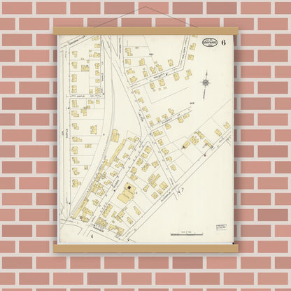 Old map wall art mockup — magnetic wood frame on brick wall — Sanborn Fire Insurance Map from Maynard, Middlesex County, Massachusetts (1915), Sheet #0006