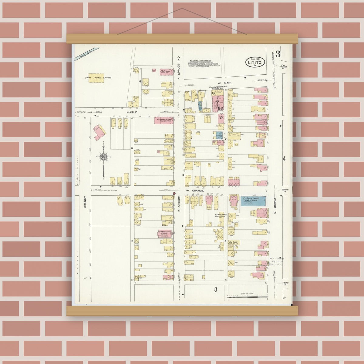 Old map wall art mockup — magnetic wood frame on brick wall — Sanborn Fire Insurance Map from Lititz, Lancaster County, Pennsylvania (1912), Sheet #0003