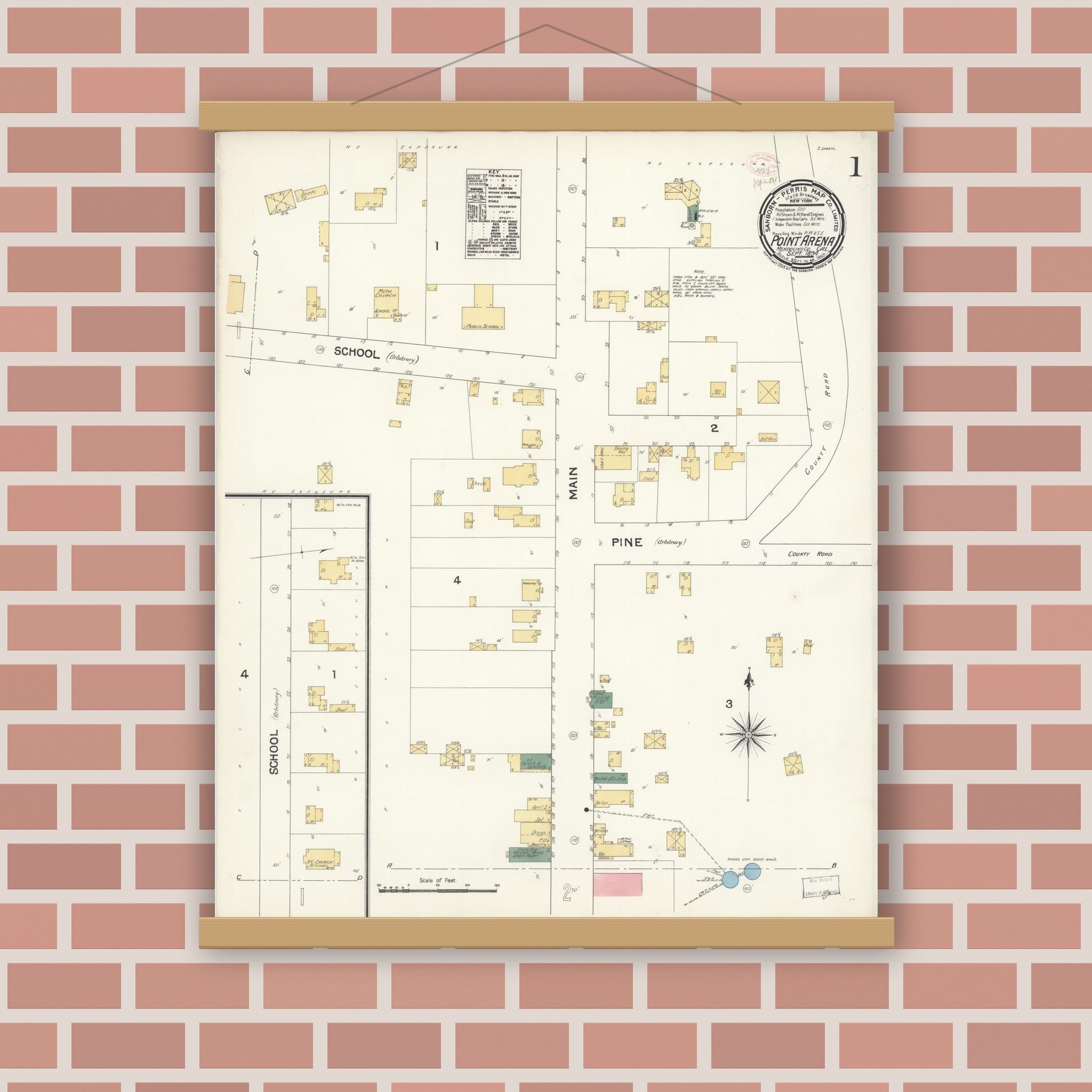 Old map wall art mockup — magnetic wood frame on brick wall — Sanborn Fire Insurance Map from Point Arena, Mendocino County, California (1894) - Complete Map Set