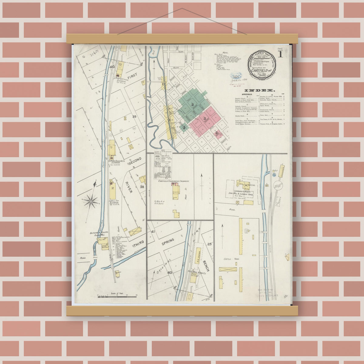 Old map wall art mockup — magnetic wood frame on brick wall — Sanborn Fire Insurance Map from Chatfield, Fillmore And Olmsted Counties, Minnesota (1894) - Complete Map Set