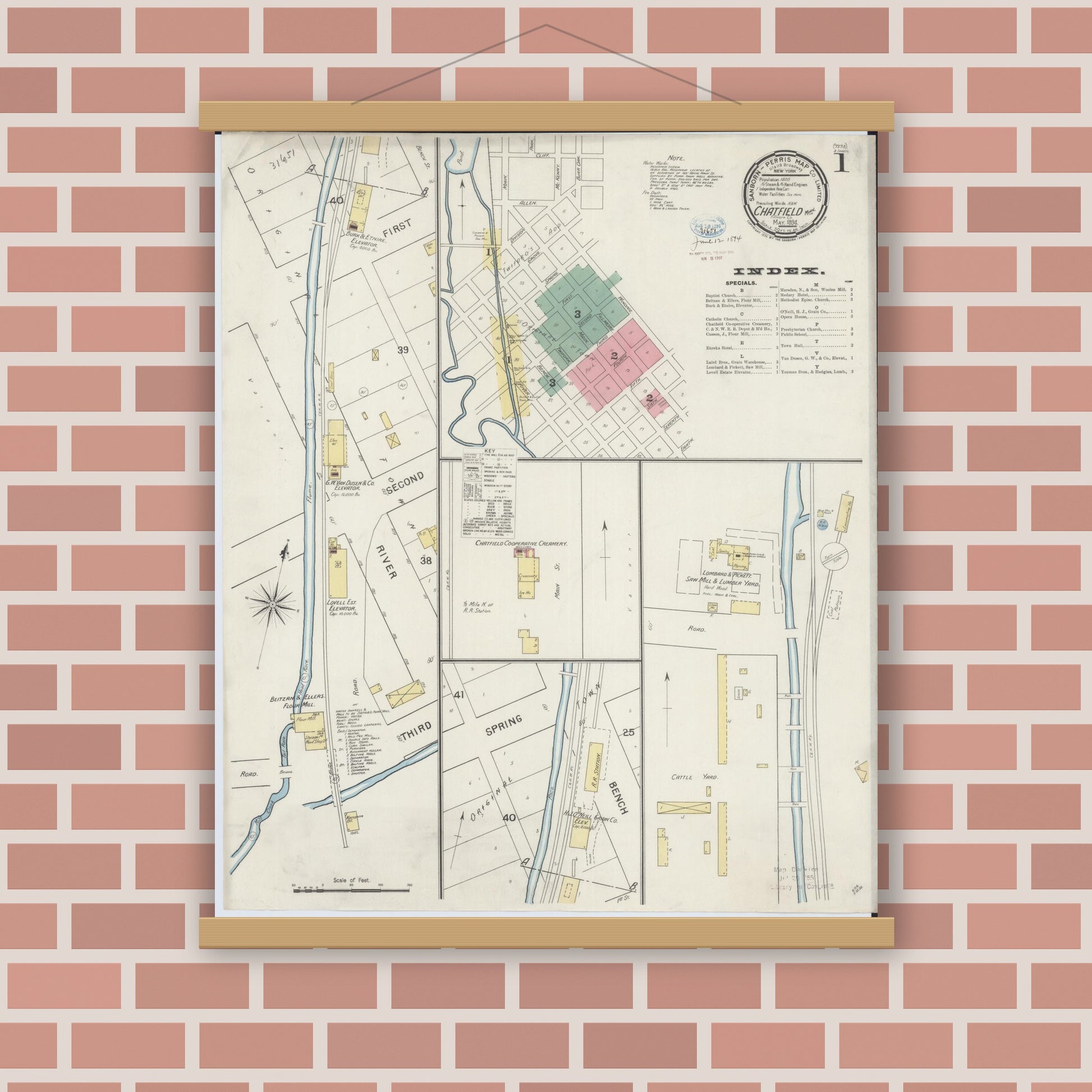 Old map wall art mockup — magnetic wood frame on brick wall — Sanborn Fire Insurance Map from Chatfield, Fillmore And Olmsted Counties, Minnesota (1894) - Complete Map Set
