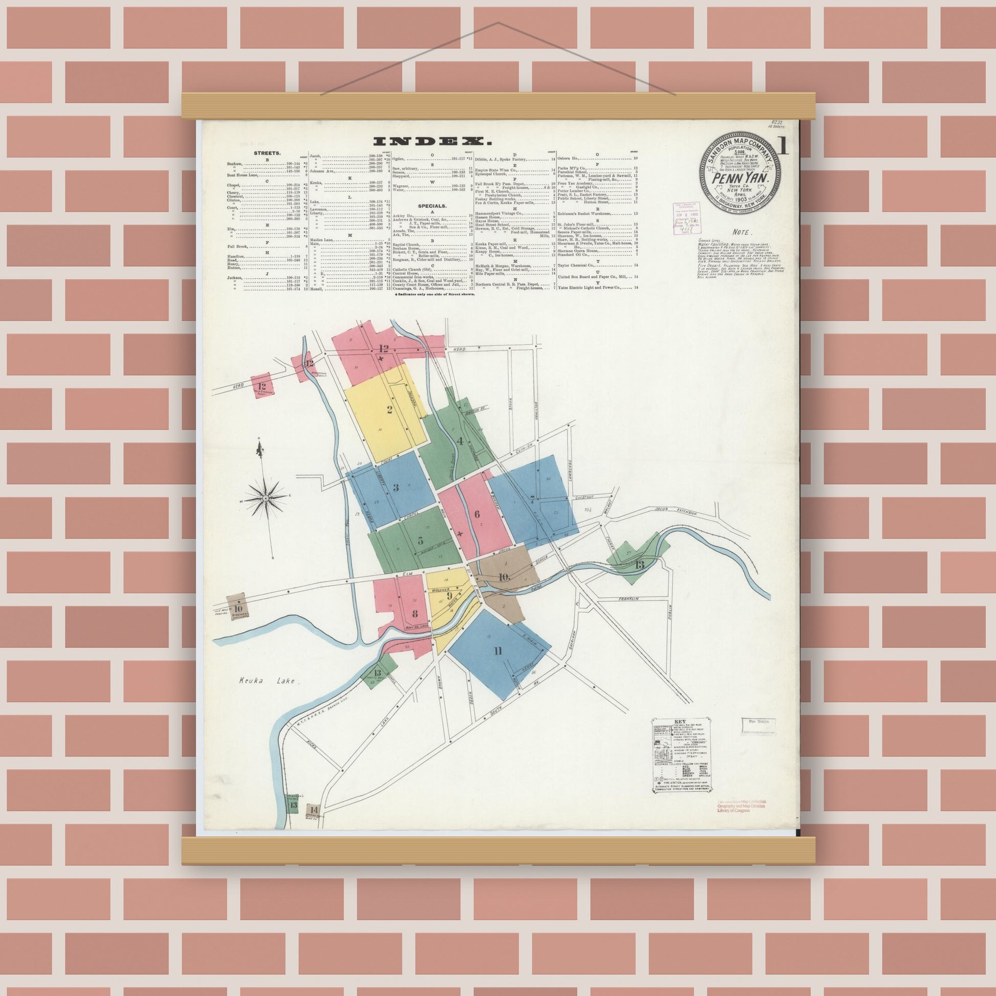 Old map wall art mockup — magnetic wood frame on brick wall — Sanborn Fire Insurance Map from Penn Yan, Yates County, New York (1903) - Complete Map Set