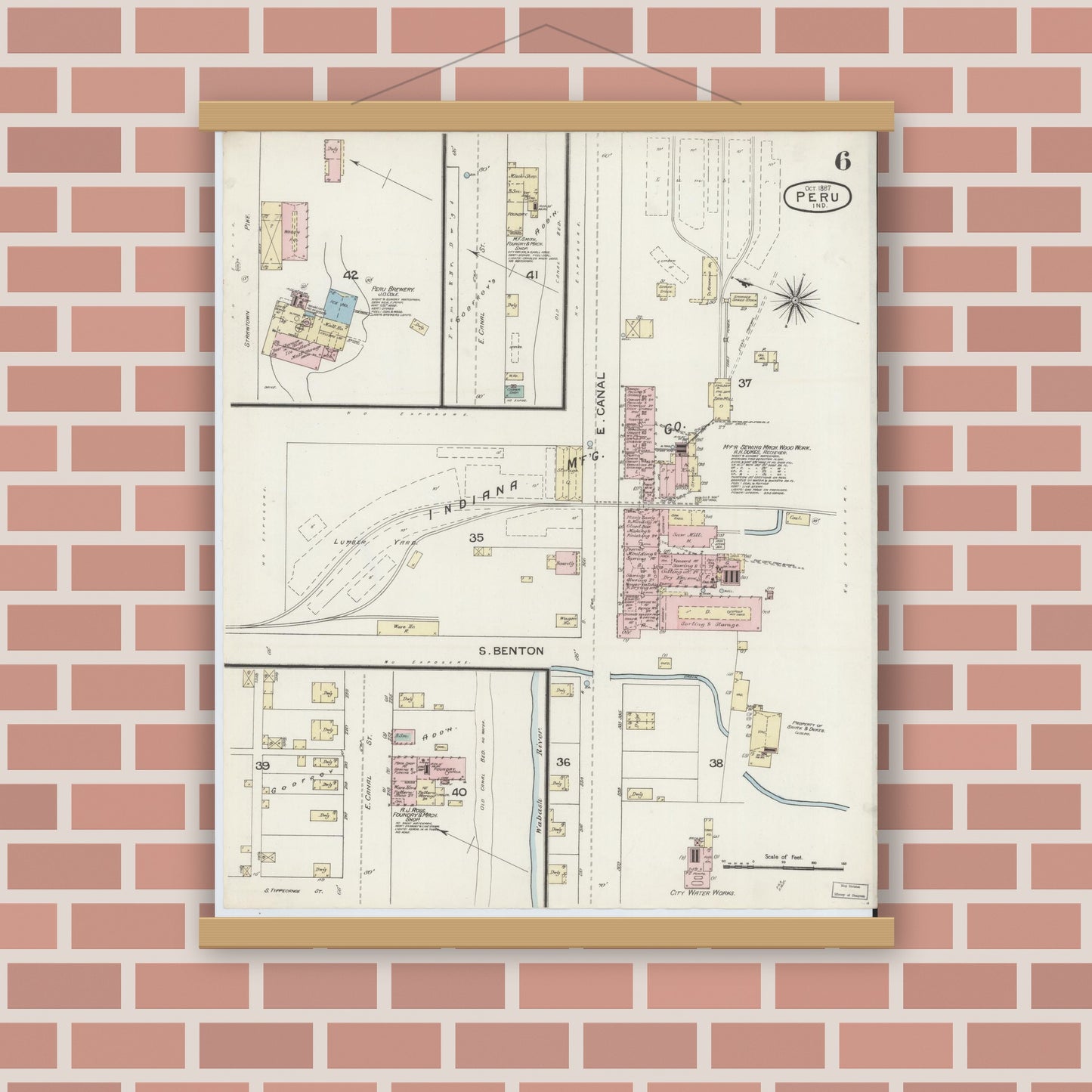 Old map wall art mockup — magnetic wood frame on brick wall — Sanborn Fire Insurance Map from Peru, Miami County, Indiana (1887), Sheet #0006
