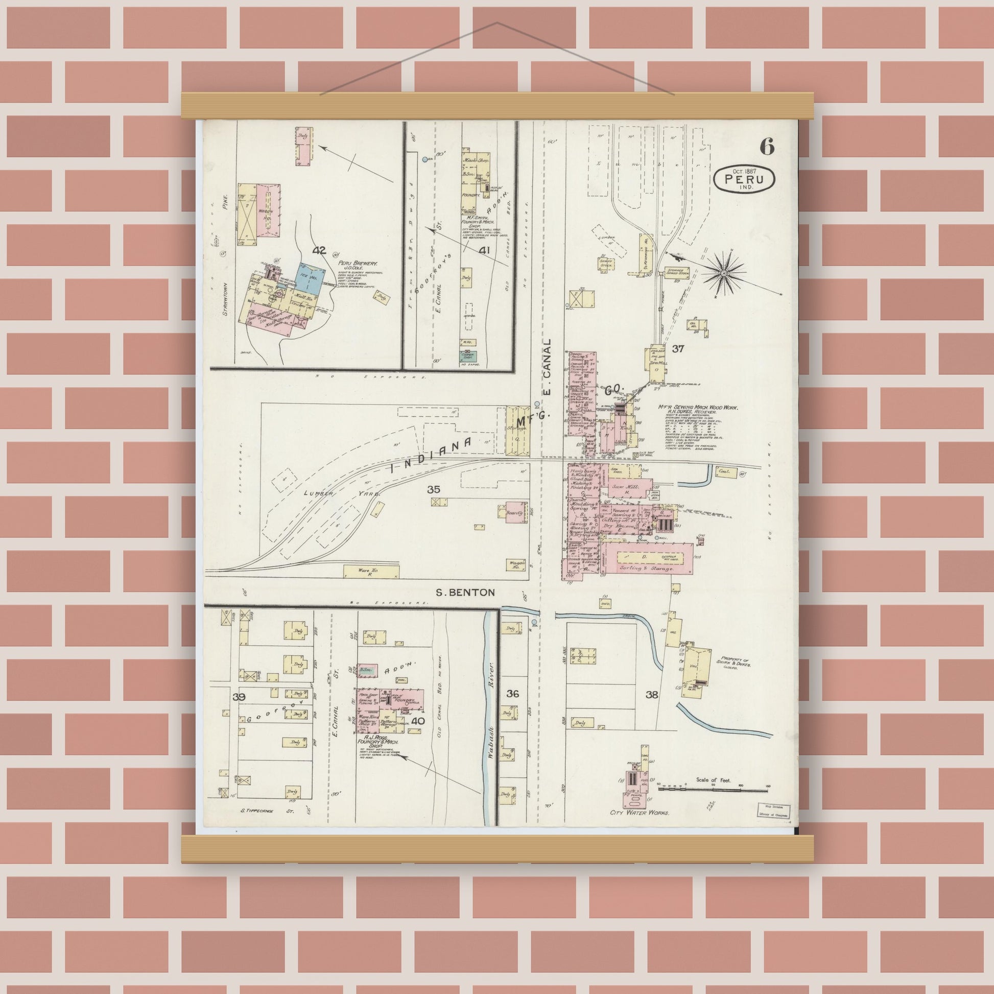 Old map wall art mockup — magnetic wood frame on brick wall — Sanborn Fire Insurance Map from Peru, Miami County, Indiana (1887), Sheet #0006