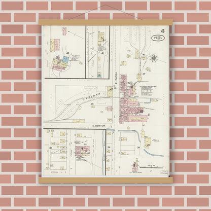 Old map wall art mockup — magnetic wood frame on brick wall — Sanborn Fire Insurance Map from Peru, Miami County, Indiana (1887), Sheet #0006