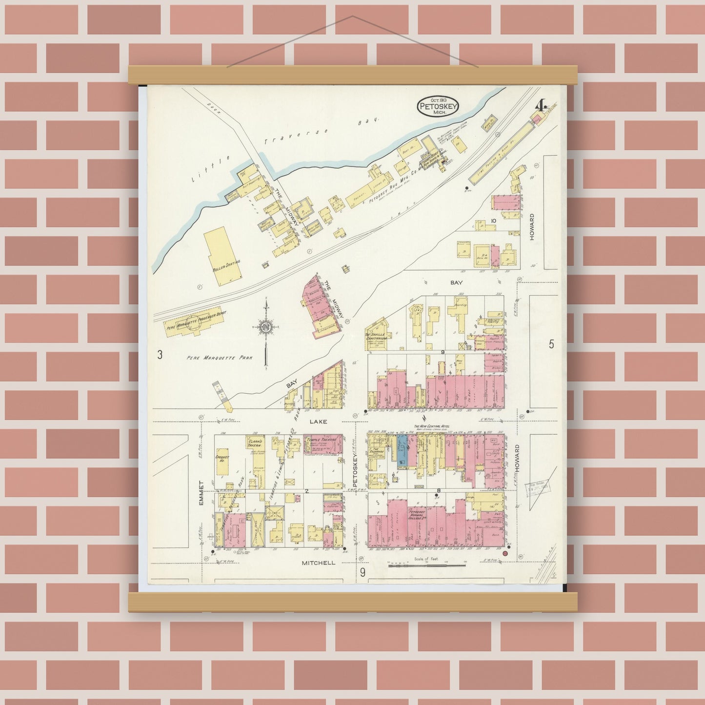 Old map wall art mockup — magnetic wood frame on brick wall — Sanborn Fire Insurance Map from Petoskey, Emmet County, Michigan (1913), Sheet #0004