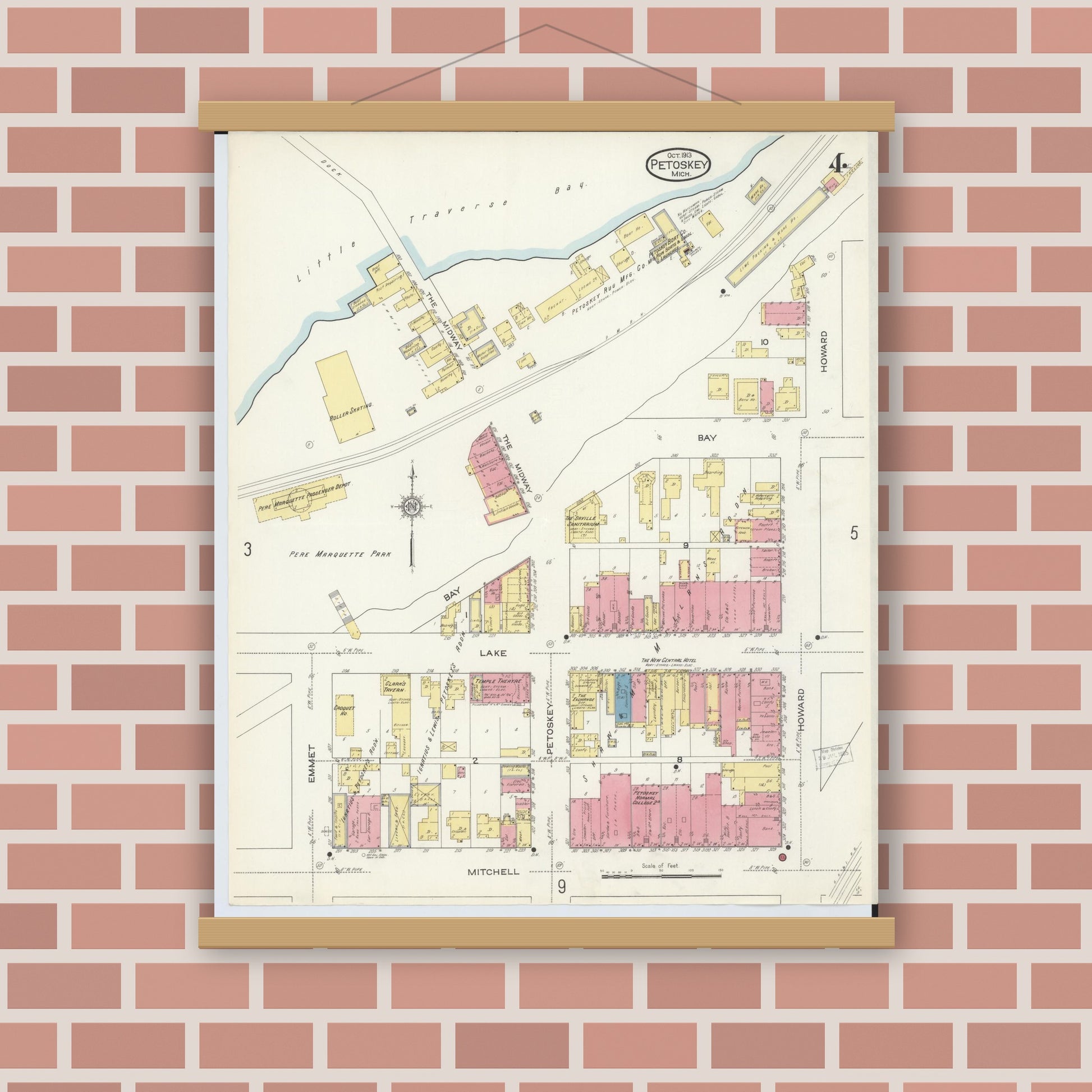 Old map wall art mockup — magnetic wood frame on brick wall — Sanborn Fire Insurance Map from Petoskey, Emmet County, Michigan (1913), Sheet #0004
