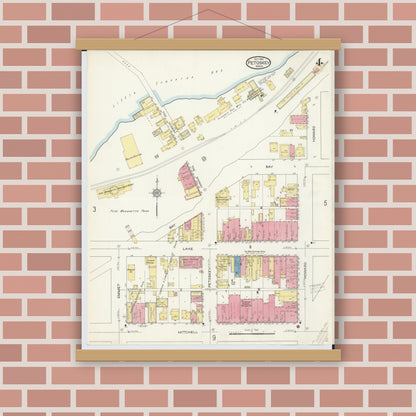 Old map wall art mockup — magnetic wood frame on brick wall — Sanborn Fire Insurance Map from Petoskey, Emmet County, Michigan (1913), Sheet #0004