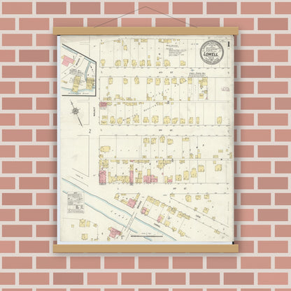 Old map wall art mockup — magnetic wood frame on brick wall — Sanborn Fire Insurance Map from Lowell, Washington County, Ohio (1911), Sheet #0001