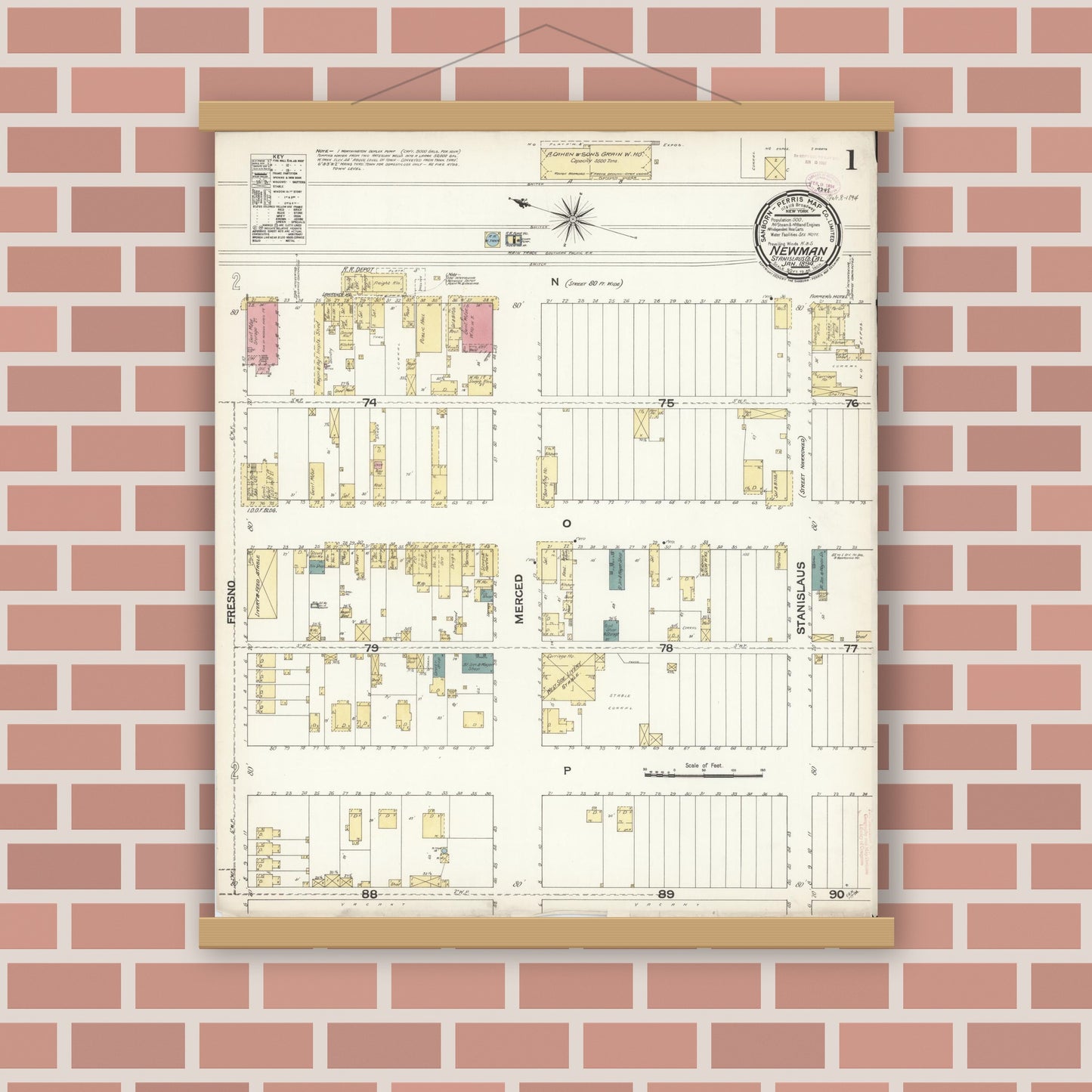 Old map wall art mockup — magnetic wood frame on brick wall — Sanborn Fire Insurance Map from Newman, Stanislaus County, California (1894) - Complete Map Set